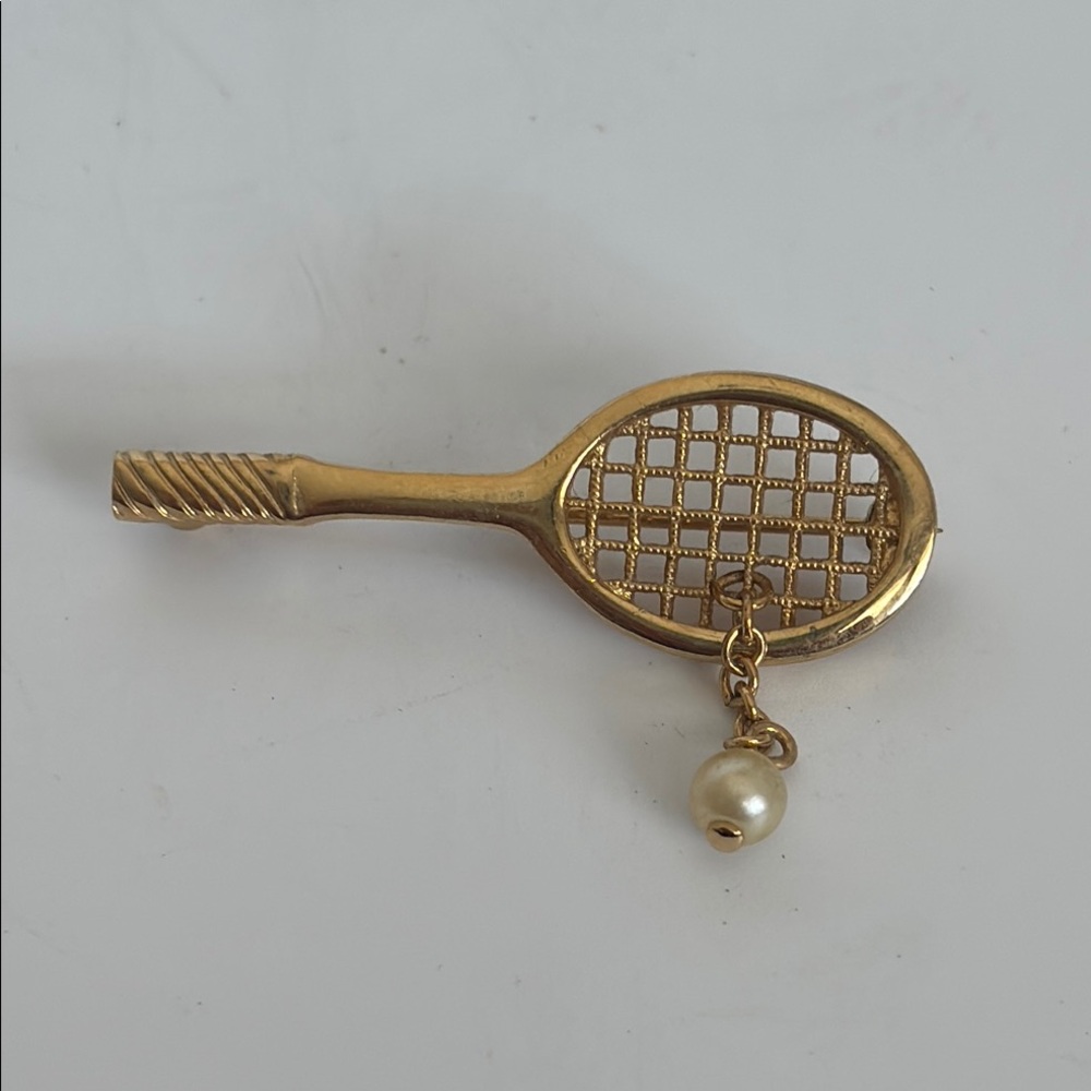 Vintage Avon Gold-tone Tennis Racket Brooch with Pearl Charm 2”